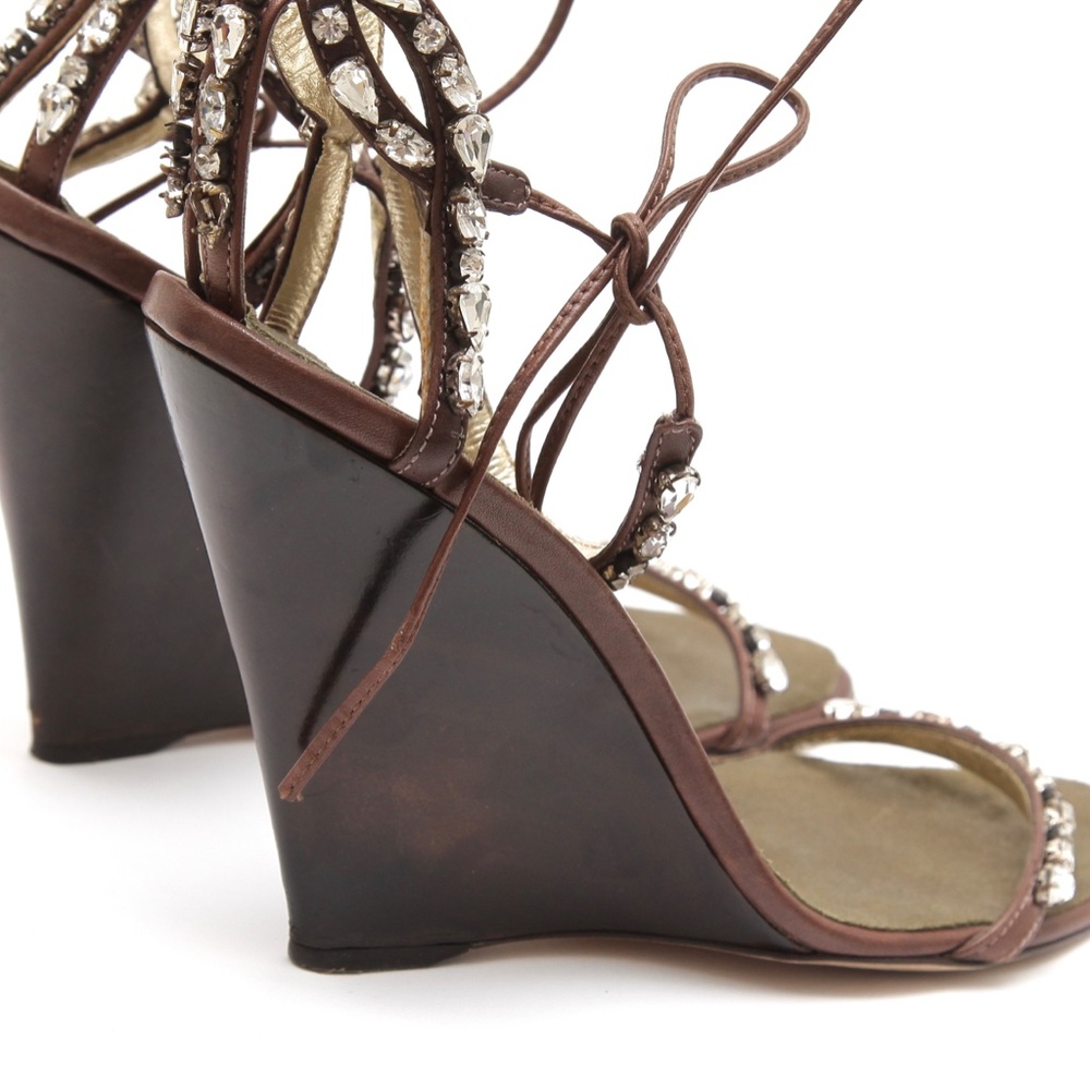 VICINI Wedge Sandal Crystals Heels Shoes Ankle Tie Sz 37 - Picture 6 of 8
